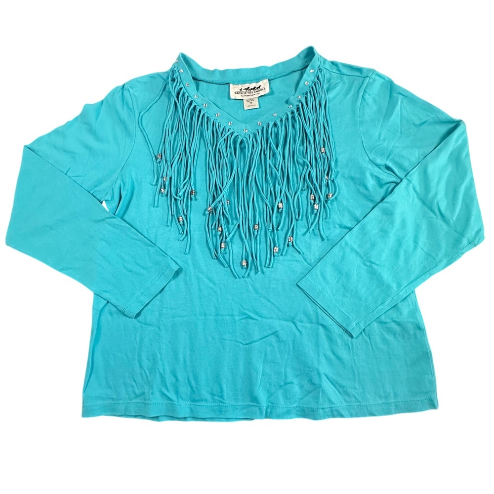 Back In‎ The Saddle Women's Medium Western Studded Fringe Cotton Top Shirt